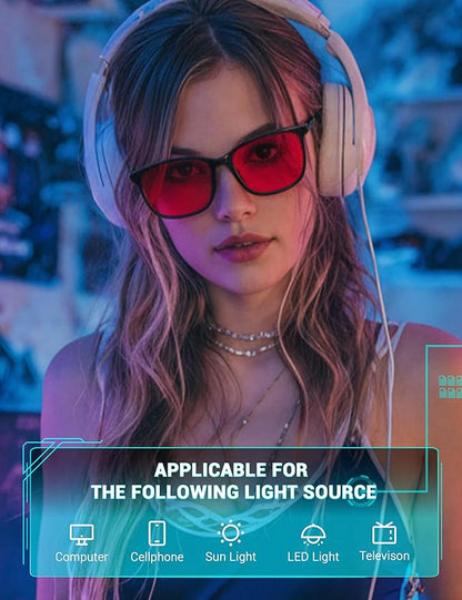 TIJN Sleep Glasses for 99.9% Blue Green Light Blocking for Women Men Dual AR Coating Red Lens for Computer Gaming, TR90