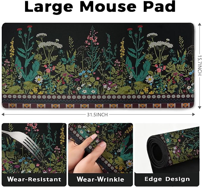 Flowers & Plants Patterns Desk Mat, Large Gaming Mouse Pad Non-Slip Rubber Base with Stitched Edges, Waterproof Protection for PC Laptop Home Office Desk Decor (31.5x15.7in)