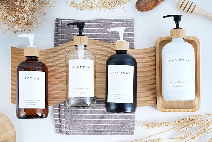 Emerson Essentials Soap Dispenser, Dish Soap Dispenser for kitchen, Hand Soap Dispenser Bathroom | Kitchen Soap Dispenser Set, Glass Hand Soap and Lotion Set for Bathroom, 16 Oz, Bamboo Tray, Set of 2