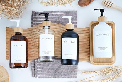 Emerson Essentials Soap Dispenser, Dish Soap Dispenser for kitchen, Hand Soap Dispenser Bathroom | Kitchen Soap Dispenser Set, Glass Hand Soap and Lotion Set for Bathroom, 16 Oz, Bamboo Tray, Set of 2