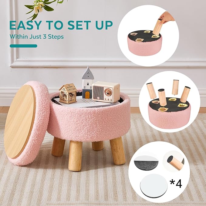 Small Foot Stool Ottoman with Storage, Sherpa Ottoman Foot Rest for Couch, Round Footstool with Storage, Small Ottomans and Footstools for Living Room and Entryway (Pink)