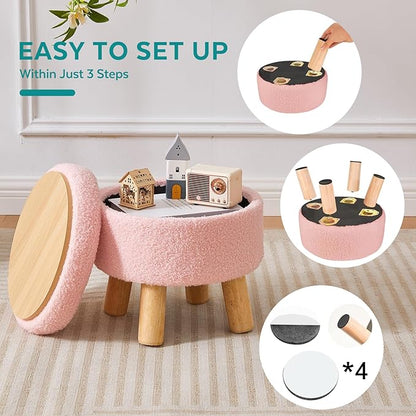 Small Foot Stool Ottoman with Storage, Sherpa Ottoman Foot Rest for Couch, Round Footstool with Storage, Small Ottomans and Footstools for Living Room and Entryway (Pink)