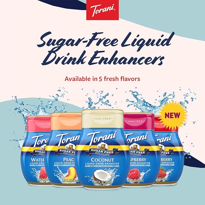 Torani Sugar Free Liquid Drink Enhancer, Water Flavoring Variety 5-Pack, Watermelon, Peach, Raspberry, Strawberry, and Coconut, 1.62 Oz Ea