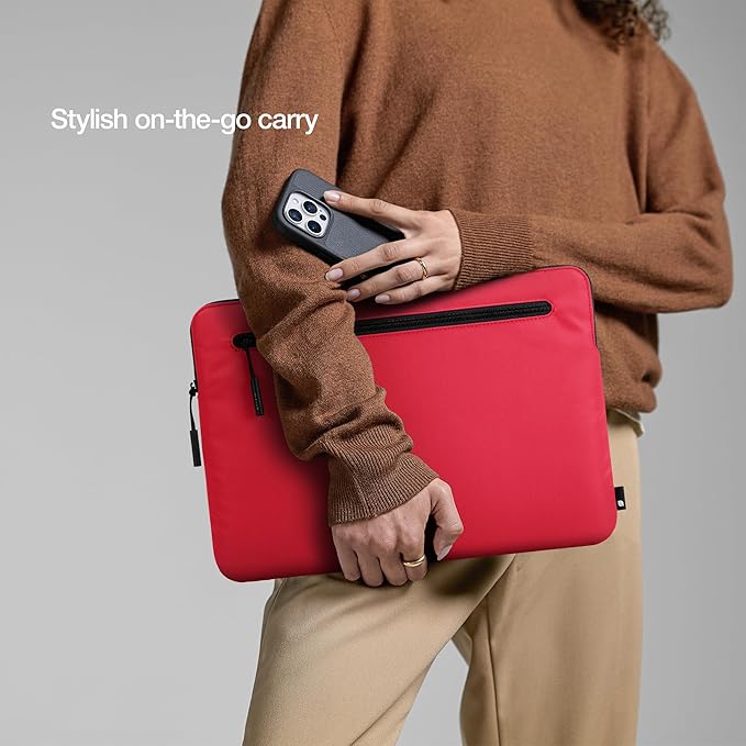 Incase Compact Laptop Sleeve with Flight Nylon - 16 Inch MacBook Pro and Laptop Case – Slim Computer Sleeve with Faux Fur Lining, Front Accessory Pocket with Zipper - Hibiscus Red