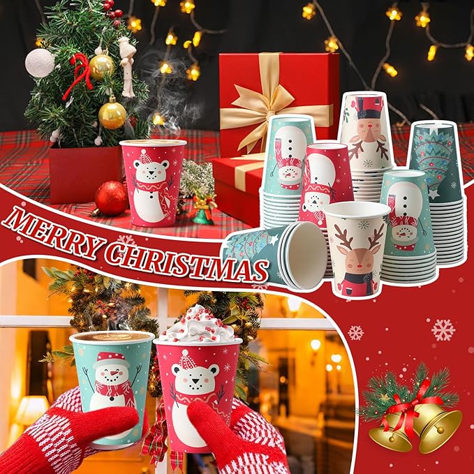 100 Pack 12 oz Christmas Coffee Cups, Holiday Disposable Paper Cups with 4 Xmas Designs for Hot Cocoa, Hot Chocolate, Cold Beverage