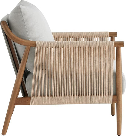 CHITA Braid Accent Chair, Modern Armchair with Solid Wooden Armrest for Living Room and Bedroom, Boho Reading Chair, Light Grey