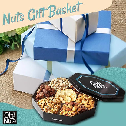 Oh! Nuts 7 Section Nuts Gift Basket - Gourmet Assorted Macadamia Nut Gifts Baskets - Healthy Nuts Gift Hexagon Metal Tin Box - Premium Food Gift for Holiday, Movie Night, Corporate, Men & Women