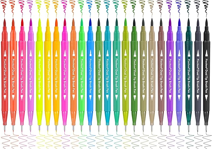 Art Brush Markers Pens for Adult Coloring Books, 24 Colors Dual Tip (Brush and Fine Point) Marker Pen for Journaling Note taking Planner Hand Lettering Art Suppliers