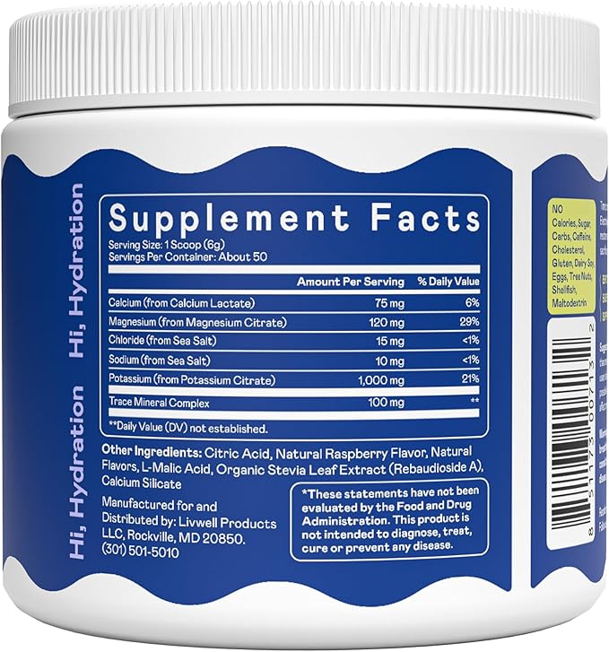 Hi-Lyte K1000 Electrolytes Powder Blue Raspberry Keto & Performance, 50 Servings - 1000mg Potassium + Magnesium, Sodium, Trace Minerals - 0 Carbs, 0 Sugar