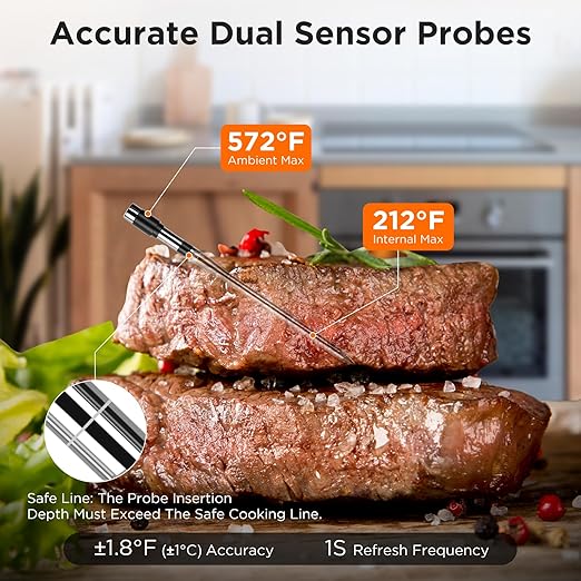 Bluetooth Meat Thermometer with Smart APP, 800FT Wireless Range & LCD Base, Rechargeable Probe, Digital Food Thermometer for BBQ, Grill, Valentines Day Gifts for Him Men Dad