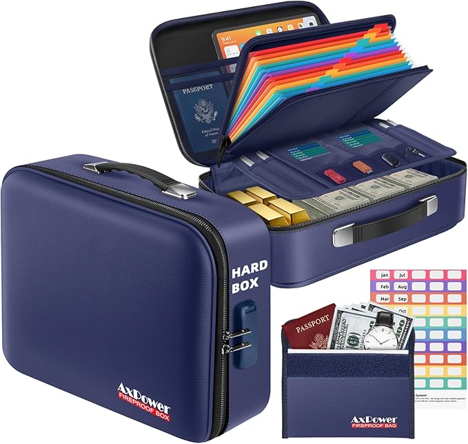 Fireproof Document Storage Box Hard Case With Lock, Multi-Layer Fire Proof Water Resistant Safe Box File Organizer Bag With Small Money Bag for Important Documents Passport Certificates Laptop (Blue)