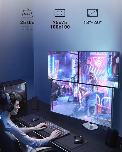 Triple Monitor Mount, Holds Screens up to 40 Inches and 25 lbs, Fully Adjustable 3 Monitor Desk Mount with C-Clamp and Grommet Base, Aluminum, Silver