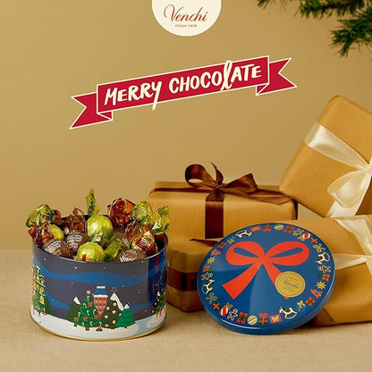 Venchi, Medium Christmas Hatbox Gift Tin with Assorted Perla Chocolates, with Whole Piedmont Hazelnut, Limited Edition, 7.2 oz, Gluten-Free, Christmas Gift Idea