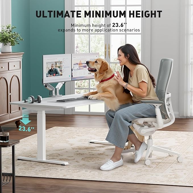 Pro 3 Stages Dual Motor 59 x 30 in Electric Standing Desk with One Piece Desktop, Adjustable Height, Sit to Stand Up Desk for Home Office, Work Study, White Frame & White Desktop (2 Packages)