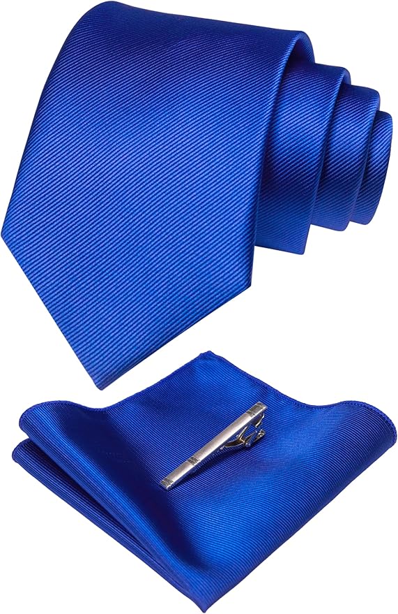 JEMYGINS Solid Color Formal Necktie and Pocket Square Tie Clip Sets for Men