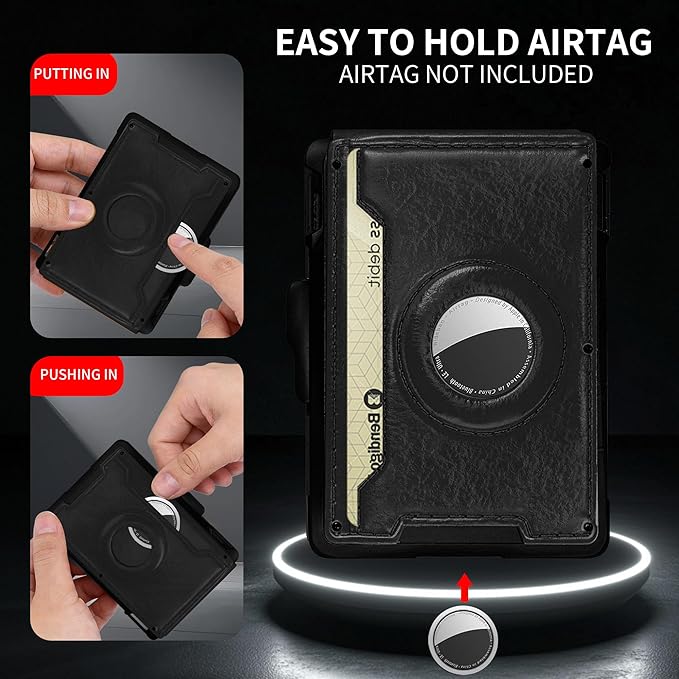 Compatible with Air Tag Wallet for Men, RFID Blocking Slim Minimalist Bifold Wallet with Pop Up Aluminum Card Case, Leather Credit Card Holder with Money Clip & ID Window, Holds 9–12 Cards, (black)