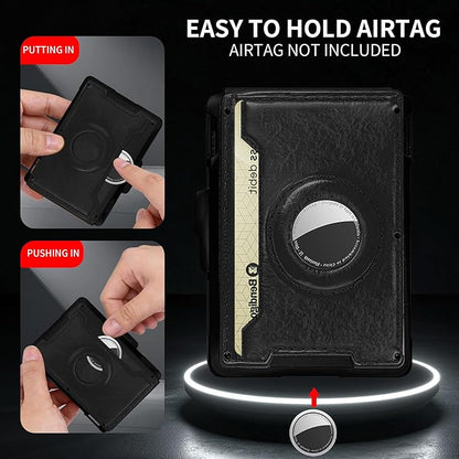 Compatible with Air Tag Wallet for Men, RFID Blocking Slim Minimalist Bifold Wallet with Pop Up Aluminum Card Case, Leather Credit Card Holder with Money Clip & ID Window, Holds 9–12 Cards, (black)