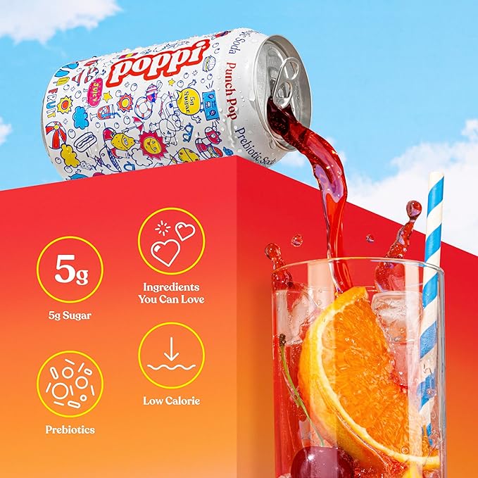 Poppi Sparkling Prebiotic Soda Beverage with Apple Cider Vinegar, Seltzer Water and Fruit Juice, Punch Pop, 12 Fl Oz, Pack of 12