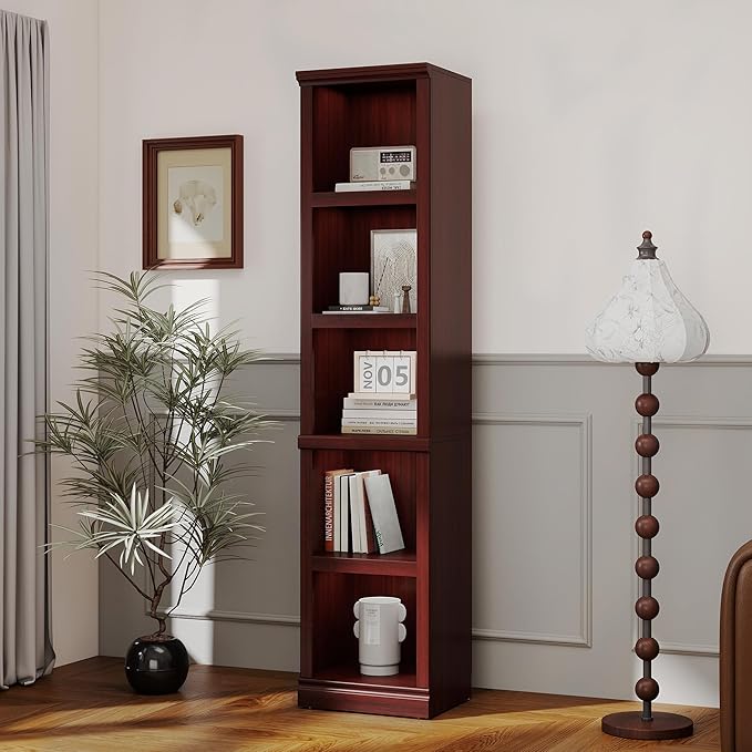 blini 5-Shelf Narrow Bookcase White Wooden Tall Bookshelves Floor Standing Display Storage Shelves Mahogany Bookcase for Home Office, Living Room, Bed Room