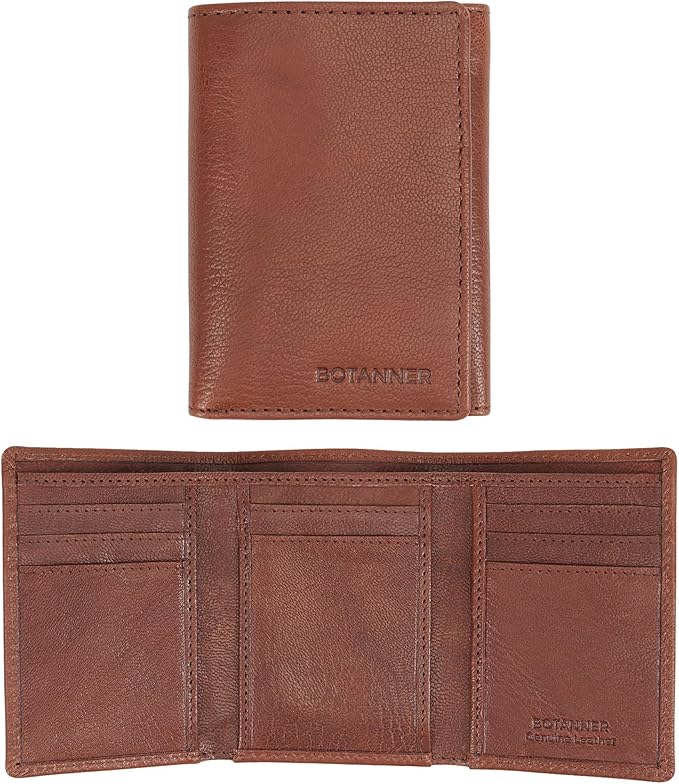 Genuine Leather Trifold Wallet Men RFID Blocking 8 Credit Card Slots 1 Section for Bills 3 Hidden Pockets | Choco