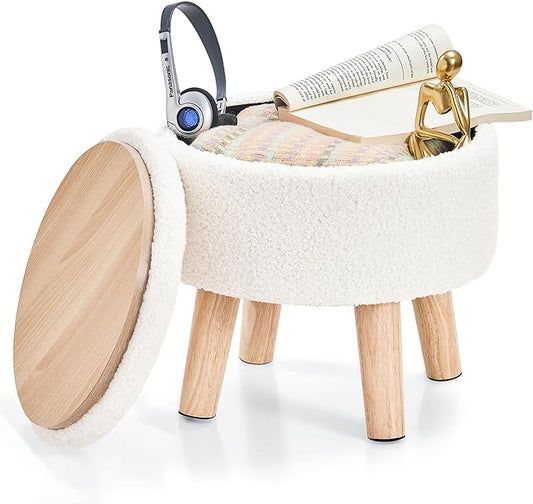 Poofzy Small Ottoman with Storage, Small Foot Stool Ottoman with Wood Legs, Sherpa Foot Rest for Couch, Living Room and Bedroom - White