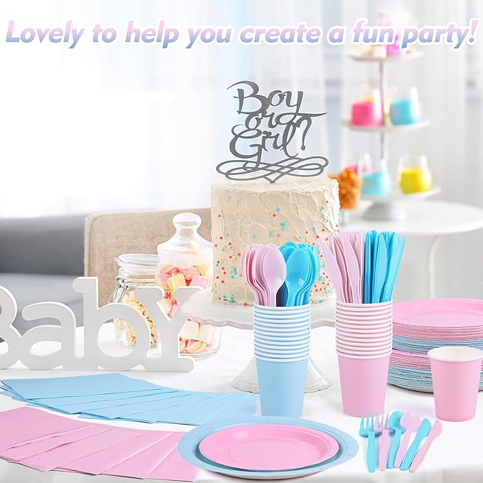 durony 350 Pieces Baby Gender Reveal Party Supplies Light Pink Light Blue Paper Plates Serve 50 Guests Boy or Girl Gender Reveal Plates Napkins Paper Cup Cutlery for 1st Birthday and Baby Shower Decor