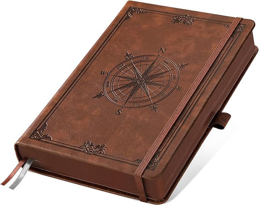 AHGXG Thick Journal Dotted Notebook for Men - 320 Numbered Pages A5 Notebook for Writing, 100gsm Dot Paper, Vintage Leather Hardcover, for Women Work Office School, 5.75'' X 8.38''- Brown