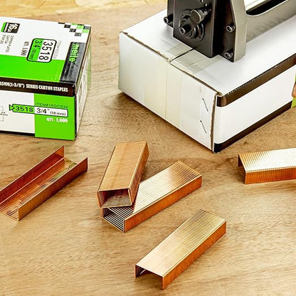 meite Carton Closing Staples 16 Gauge 1-3/8" Wide Crown 3/4" Leg Copper-Coated Carton Staples for Pneumatic or Manual Box Stapler Gun - Cardboard Closer Packaging (1,600PCS)