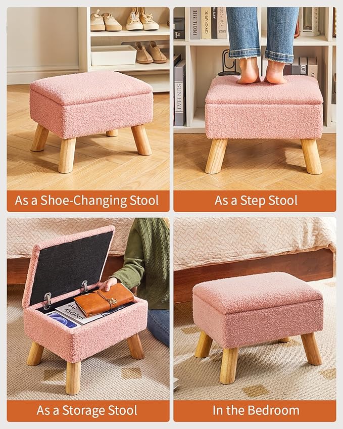 YMYNY Storage Ottoman, Footstool, Small Foot Stool with Sturdy Wood Legs Stool, Foot Rest with Padded Seat, for Living Room Bedroom Couch Enterway 15.75''D×11.81" W×11.02" H Pink UHBD042P