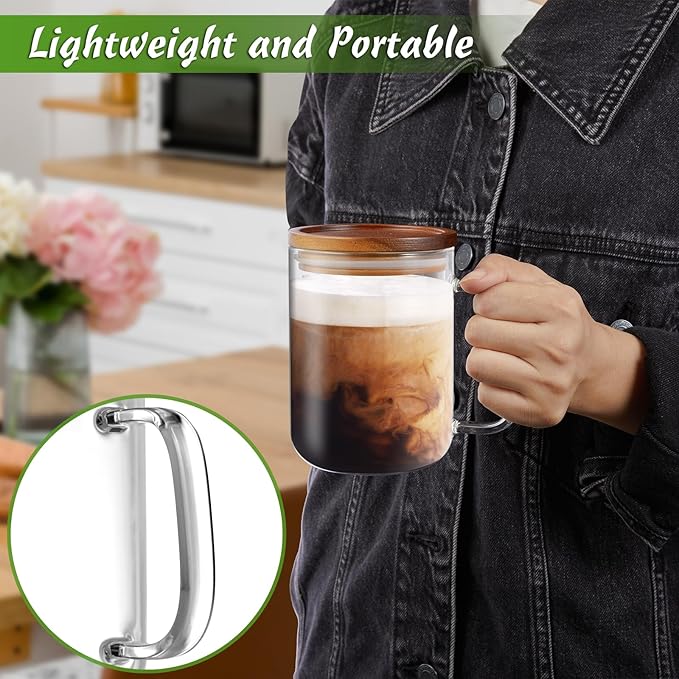 DRASTAR Glass Coffee Mugs, 20 oz Clear Coffee Cups, Coffee Mug with Acacia Wood Lid, Tea Glass Cups with Handles, Large Coffee Mug Set of 4, Glass Coffee Cups for Latte, Espresso, Tea