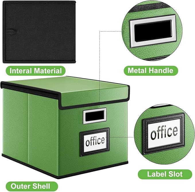 Huolewa Portable Leather File Organizer Storage Boxes, Collapsible File Folder Organizer Boxes with Lids, Document Organizer, Decorative Filing Box Cabinet for Letter/Legal File Folder Storage