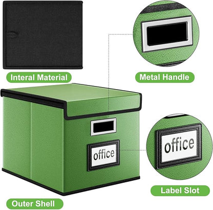 Huolewa Portable Leather File Organizer Boxes with Lids, Office Document Boxes Organizer, Filing Boxes, Decorative Small File Boxes for Hanging Files, File Cabinet for Office/Home - 4 Pack