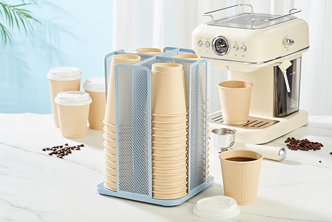 Annova Paper/Plastic Cup and Lid Holder Plastic Storage Organizer, 360°Rotating Coffee Mup Dispenser with 4 Compartments, Multifunctional Storage Rack for Home, Office, Bar, Coffee Shop (New Blue)