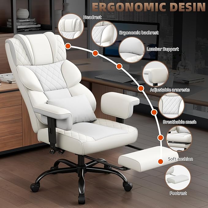 Vonesse Big and Tall Office Chair, Computer Chair with Soft Adjustable Armrests, Ergonomic Gaming Chair with Lumbar Support, Executive Chairs with Footrest (PU Leather + Mesh Fabric,Ivory White)