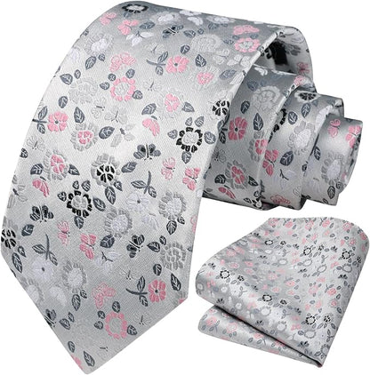 HISDERN Men Floral Ties Woven Classic 3.4" Necktie Set Formal Tie Pocket Square for Wedding with Handkerchief Gift Box