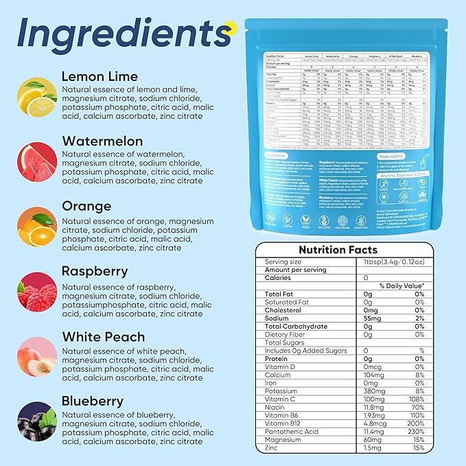 VitalHarvest 36 Sticks Electrolytes Powder Packets 6 Flavors Sugar Free Hydration Packets Electrolyte Liquid Daily IV Drink Mix with Lemon Lime, Watermelon, Orange, Raspberry, White Peach, Blueberry