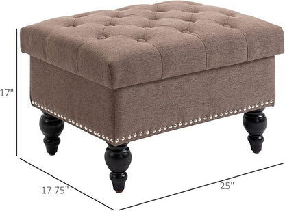 HOMCOM Ottoman with Storage for Living Room, 25" Storage Ottoman with Removable Lid, Button-Tufted Fabric Bench for Footrest and Seat with Wood Legs, Coffee