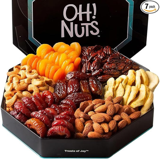 Oh! Nuts 7 Section Dried Fruits and Nuts Gift Basket - Gourmet Assorted Fruit & Nut Gifts Baskets - Healthy Food Hexagon Metal Tin Box - Festive Gifts for Holiday, Birthday, Corporate Women & Men