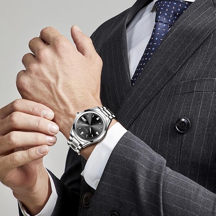 Mens Silver Watch Luxury Minimalist Dress Watch Classic Waterproof Watches for Men Analog Quartz Stainless Steel Men's Wrist Watches with Date Luminous Relojes para Hombres