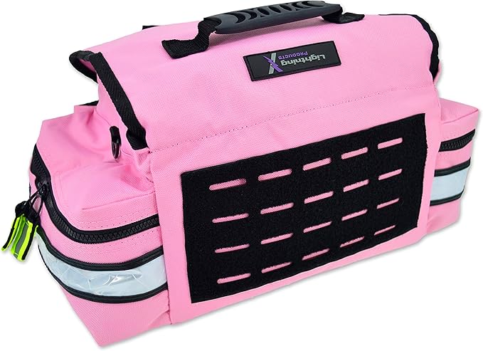 Lightning X Personalized First Responder EMT EMS Trauma Bag w/Stocked First Aid Fill Kit B & Custom Embroidered Name Patch (Pink)