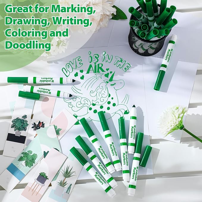 Janlaugh 36 Pcs Green Washable Markers Bulk Coloring Broad Line Markers for Kids Green Conical Tip drawing pen for School Supplies, travel Art baby shower gender reveal party Supplies, Ages 6+