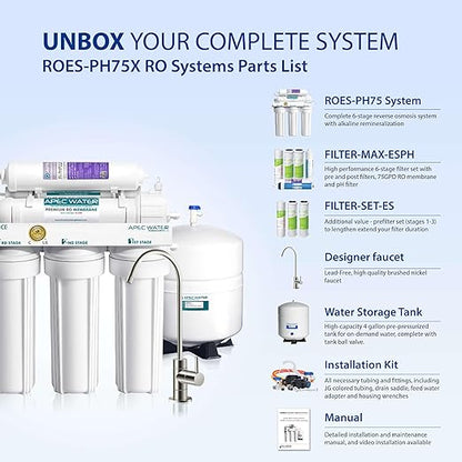 APEC Water Systems ROES-PH75 Essence Series Alkaline Mineral pH+ 75 GPD 6-Stage WQA Certified Ultra Safe Reverse Osmosis Drinking Water Filter System, with Extra High Capacity Pre-Filter Set Stage 1-3