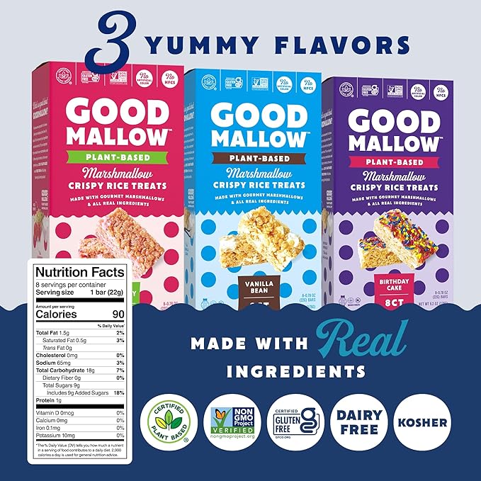 GoodMallow Vegan Rice Crispy Treats Individually Wrapped Box of 8 , Kosher Vegan Snacks, Gluten Free Dairy Free Snacks for Kids & Adults - Healthy Sweets Made with Gourmet Marshmallows , Made in USA (Birthday Cake)
