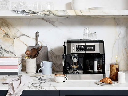 De'Longhi All-in-One Combination Coffee Maker & Espresso Machine + Advanced Adjustable Milk Frother for Cappuccino & Latte + Glass Coffee Pot 10-Cup, COM532M black