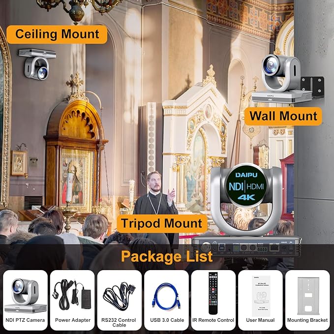 NDI PTZ Camera 4K, 20X Optical Zoom, HDMI USB3.0 SDI LAN PoE, NDI HX2 Certified, 1/2.8" 8.51-MP CMOS Sensor, AI Auto Tracking, 255 Presets, for Church Worship Live Streaming Conference Room