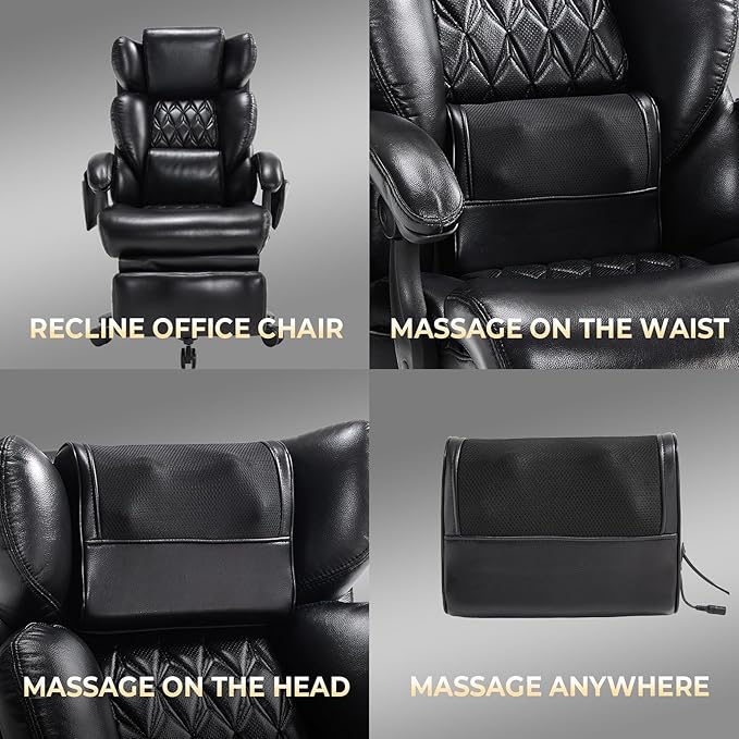 3-in-1 Massage Office Chair with Foot Rest 600LBS Big and Tall Office Chair with Massager and Heat for Heavy People, Reclining Executive Heavy Duty Office Chairs Desk Chairs Black
