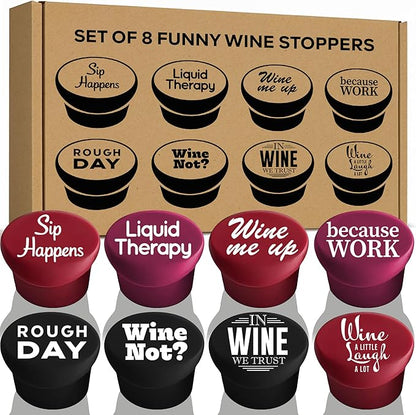 Funny Silicone Wine Stopper Set of 8 – Must-Have Wine Accessories & Perfect Wine Gifts for Women & Men – Airtight & Reusable