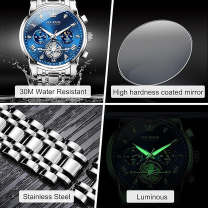 OLEVS Men Watches Stainless Steel Chronograph Watch, Large Wrist Analog Quartz Watch, Fashion Waterproof Diamond Roman Numerals Dress Watches for Men, Gold/Black/White/Blue/Grey Dial