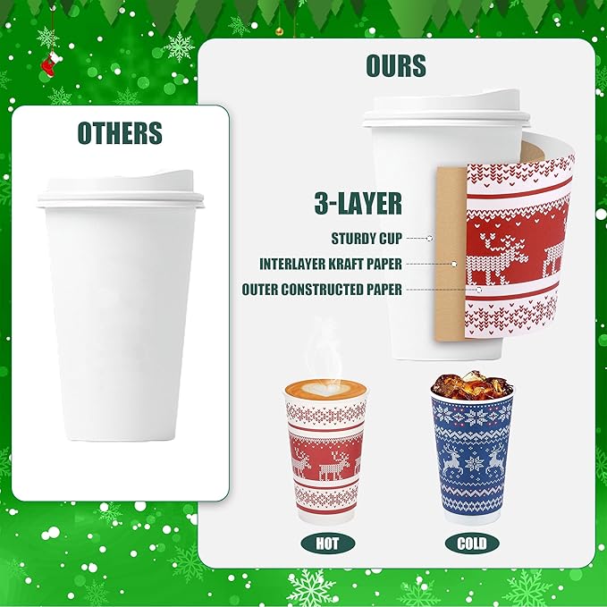 100 Set Christmas Paper Coffee Cups 16 Oz Double-Layer Ugly Christmas Sweater Paper Cups with Lids Cup Sleeves Disposable Winter Cups for Cold Hot Beverages Xmas Party Supplies, 6 Designs