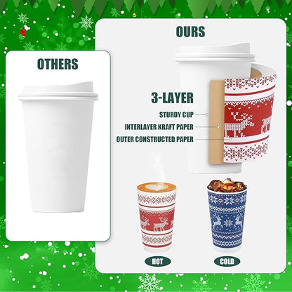 100 Set Christmas Paper Coffee Cups 16 Oz Double-Layer Ugly Christmas Sweater Paper Cups with Lids Cup Sleeves Disposable Winter Cups for Cold Hot Beverages Xmas Party Supplies, 6 Designs